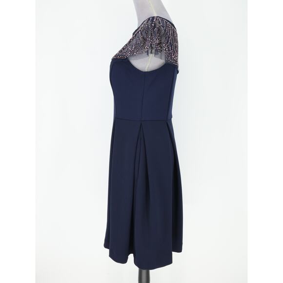 R&M Richards Dress Womens 6 Navy Blue Beaded Mesh Shoulders Bra Cups Zip Party - Picture 5 of 16